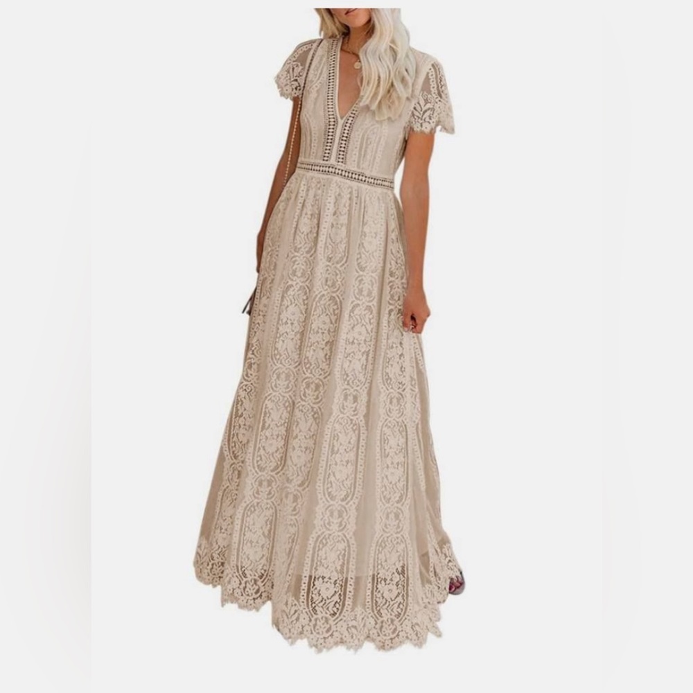 MEROKEETY Women's V Neck Short Sleeve Floral Lace Maxi Dress